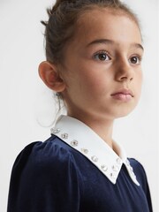Reiss Navy Riley Senior Diamante Collar Velvet Dress - Image 1 of 7