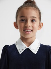 Reiss Navy Riley Senior Diamante Collar Velvet Dress - Image 4 of 7