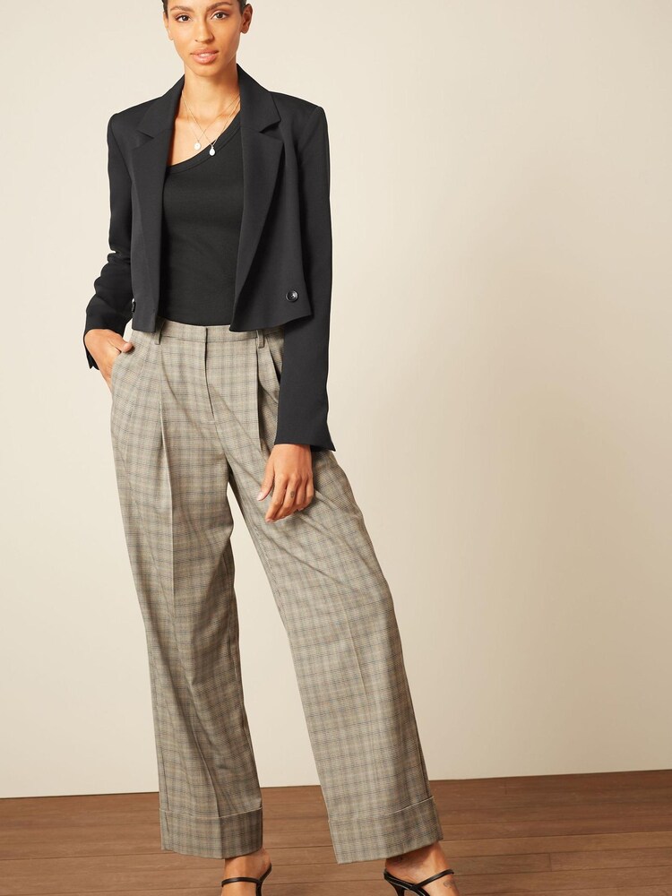 Brown Check Wide Leg Turn-Up Trousers - Image 1 of 4