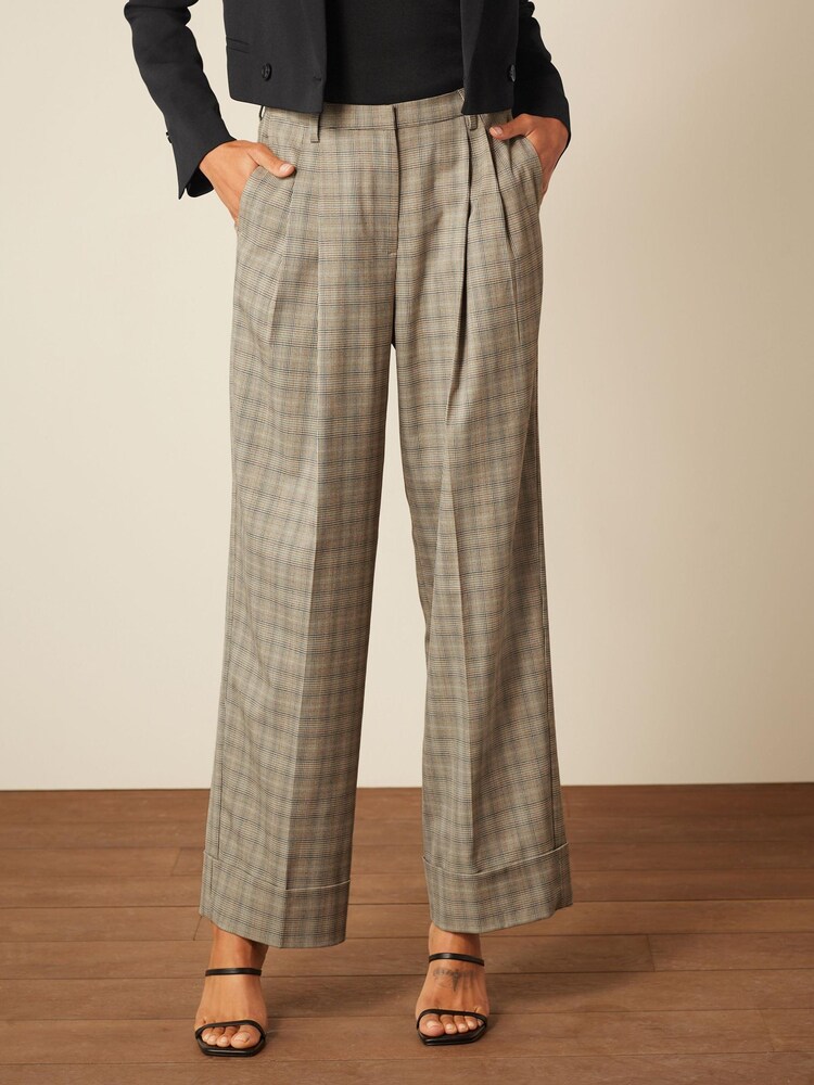 Brown Check Wide Leg Turn-Up Trousers - Image 2 of 4