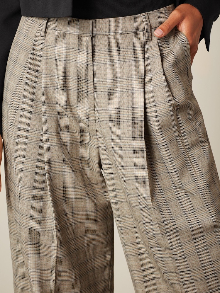 Brown Check Wide Leg Turn-Up Trousers - Image 4 of 4