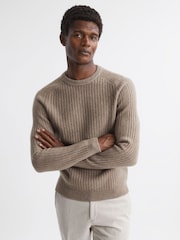 Reiss Mouse Melange Millerson Wool-Cotton Textured Crew Neck Jumper - Image 1 of 5