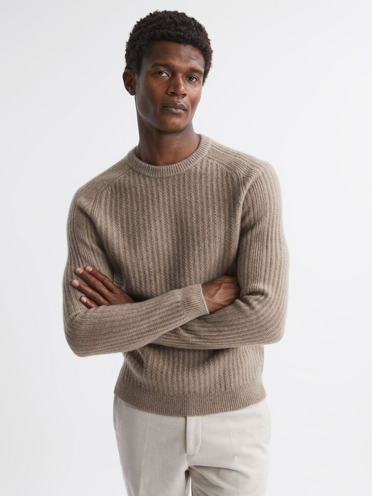 Reiss Mouse Melange Millerson Wool-Cotton Textured Crew Neck Jumper - Image 1 of 5