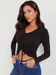 Pour Moi Black Lana Ruche Front Blouse - Image 2 of 5