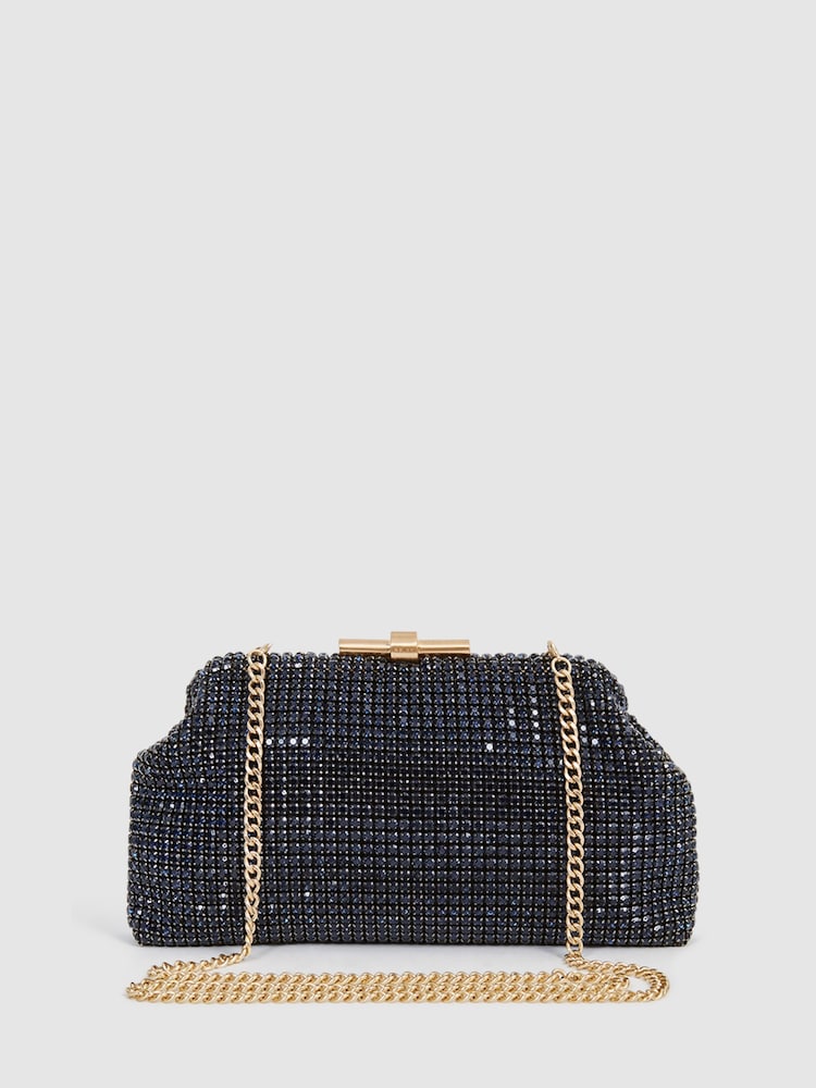 Reiss Navy Adaline Embellished Clutch Bag - Image 1 of 7 Reiss Navy Adaline Embellished Clutch Bag - Image 1 of 7