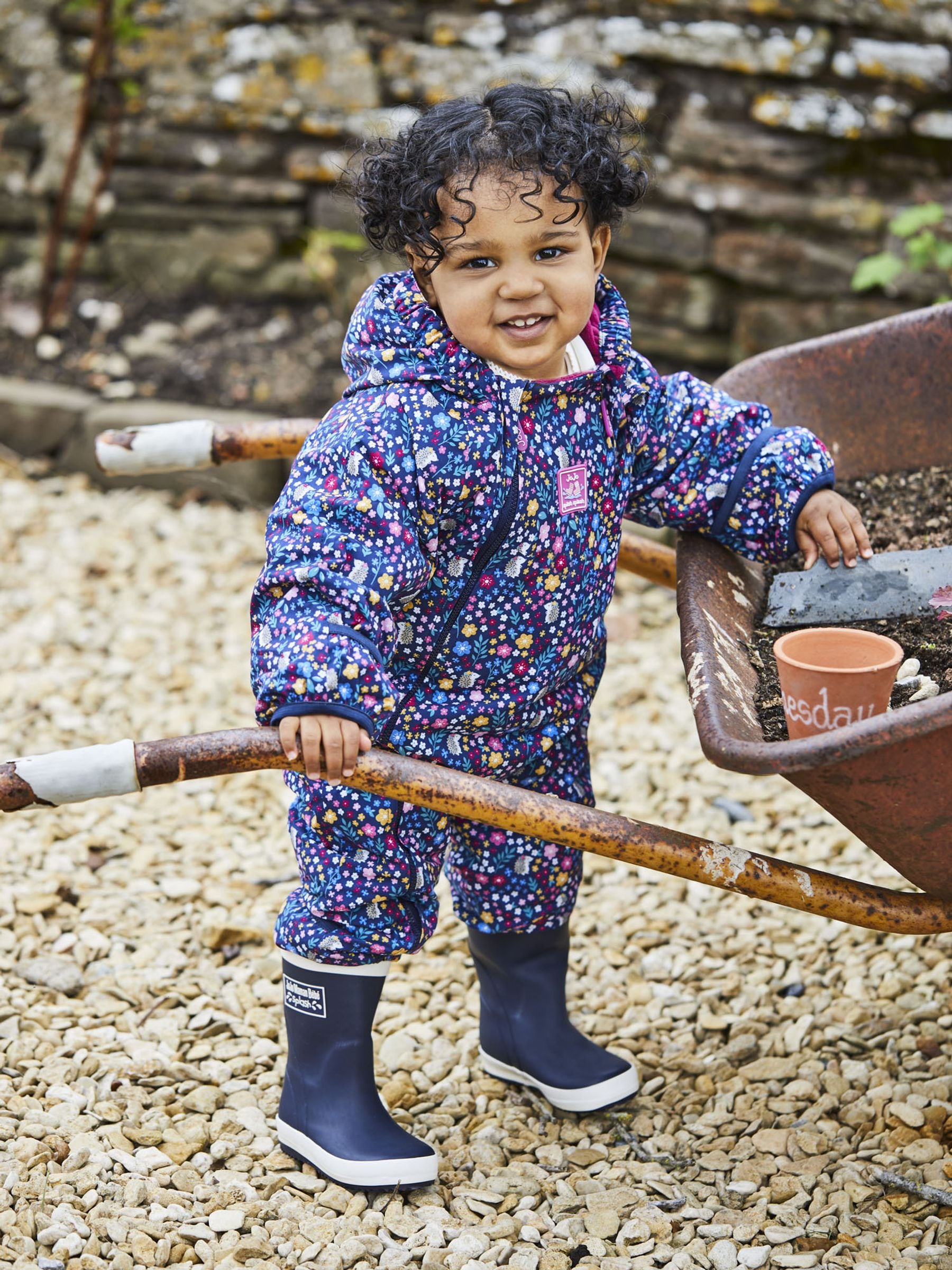 JoJo Maman Bebe Navy Blue Woodland Waterproof Fleece Lined Puddle Suit