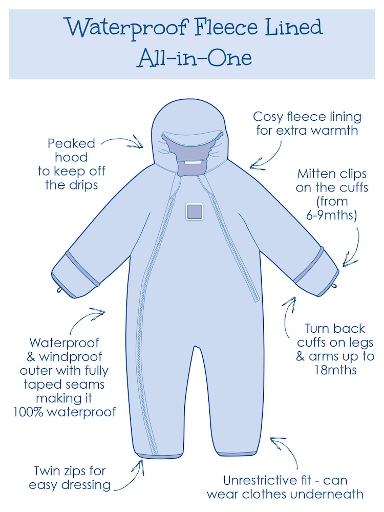 JoJo Maman Bébé Navy Blue Woodland Waterproof Fleece Lined Puddle Suit - Image 9 of 10