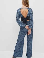 Blue Leopard Print Long Sleeve Bow Back V-Neck Jumpsuit - Image 2 of 4