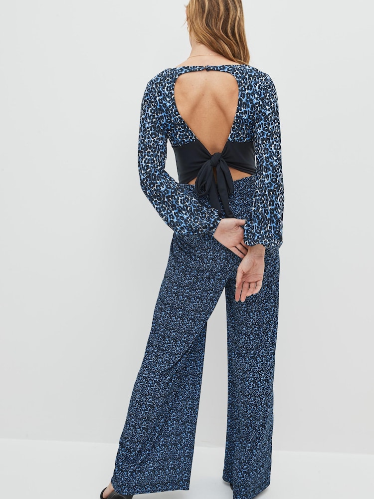 Blue Leopard Print Long Sleeve Bow Back V-Neck Jumpsuit - Image 2 of 4