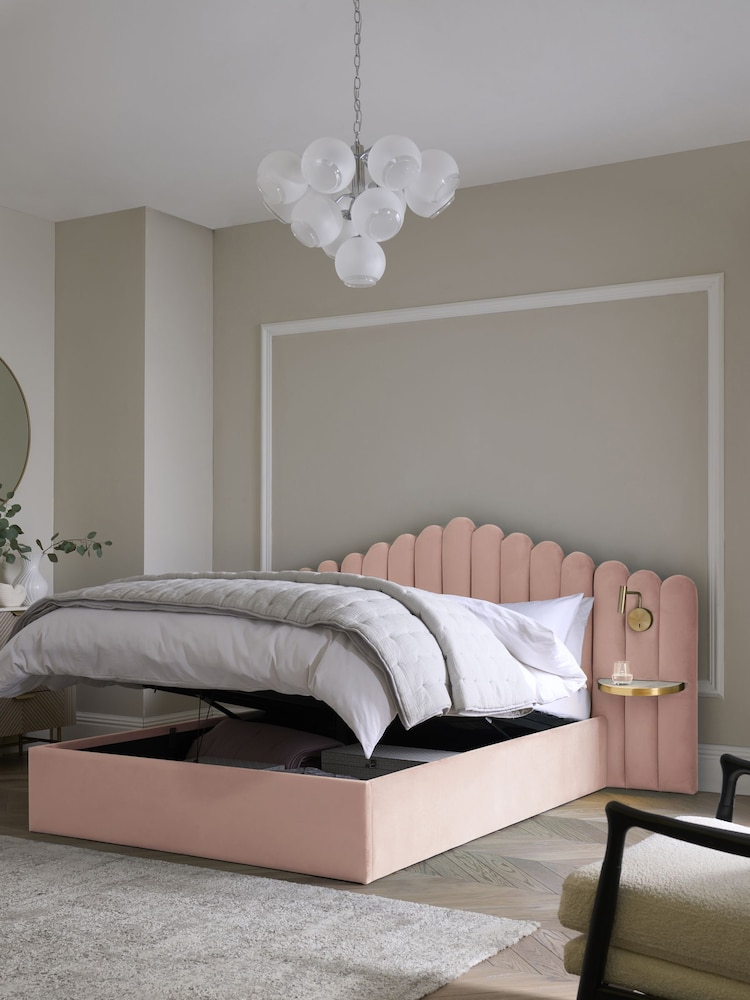 Soft Velvet Blush Pink Adele Upholstered Hotel Bed Frame with Ottoman Storage, Bedside Tables and Lights' - Image 2 of 10