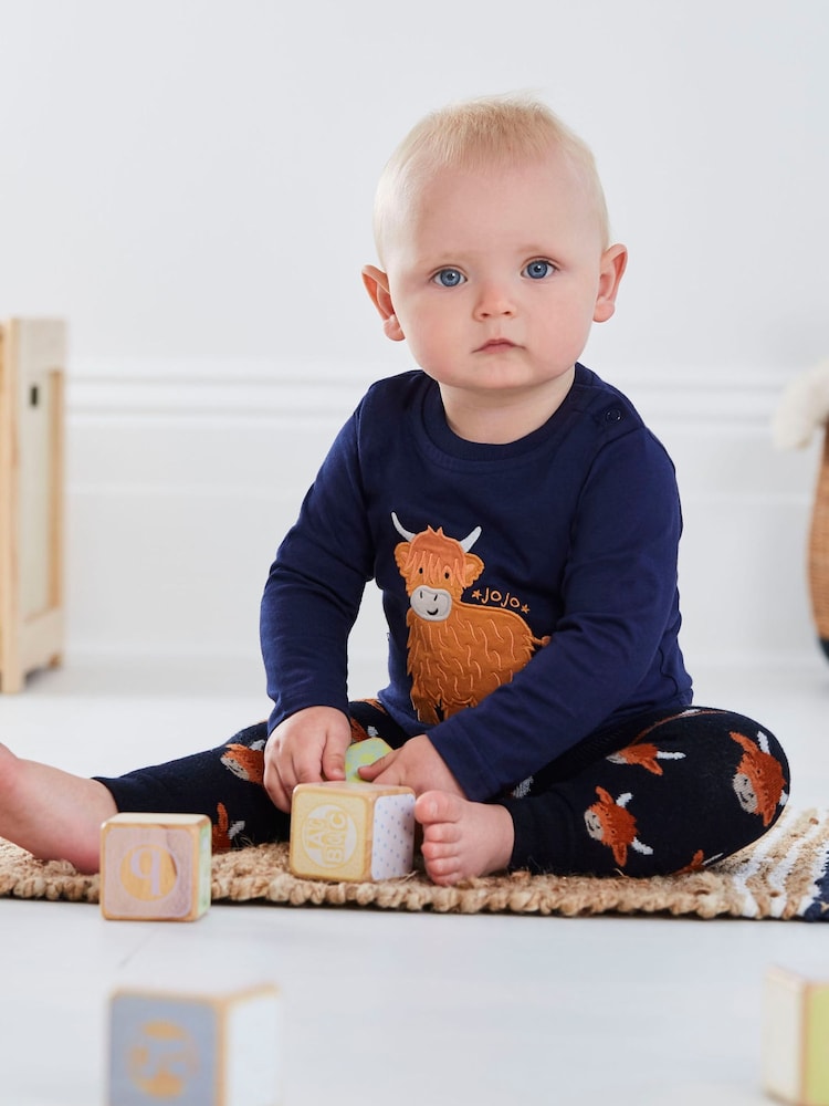 JoJo Maman Bébé Navy Blue Highland Cow Extra Thick Leggings - Image 1 of 3
