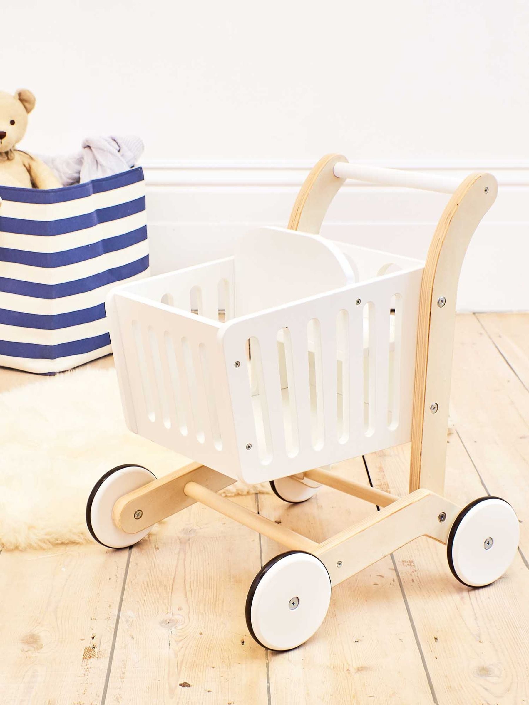 Childrens wooden shopping trolley best sale