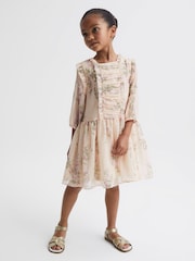 Reiss Pink Print Amber 9-12 yrs Chiffon Print Dress - Image 1 of 7