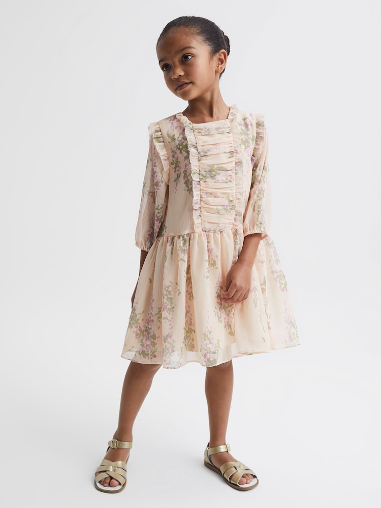 Reiss Pink Print Amber 9-12 yrs Chiffon Print Dress - Image 1 of 7