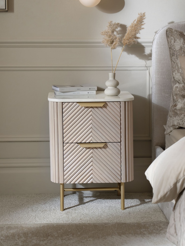 Light Grey Valencia Marble and Mango Wood 2 Drawer Bedside Table - Image 2 of 10