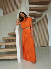Rochelle Orange Satin Ruched Top - Image 2 of 5