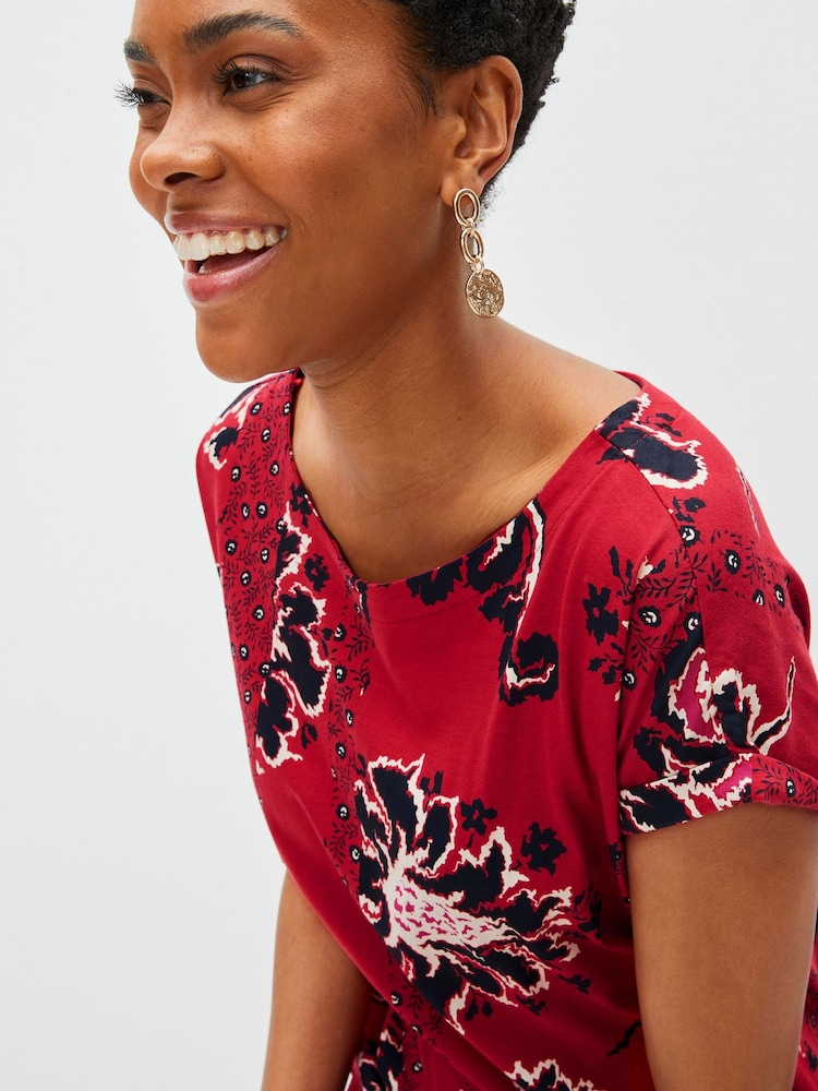 Red Print Relaxed Capped Sleeve Tunic Dress - Image 3 of 4