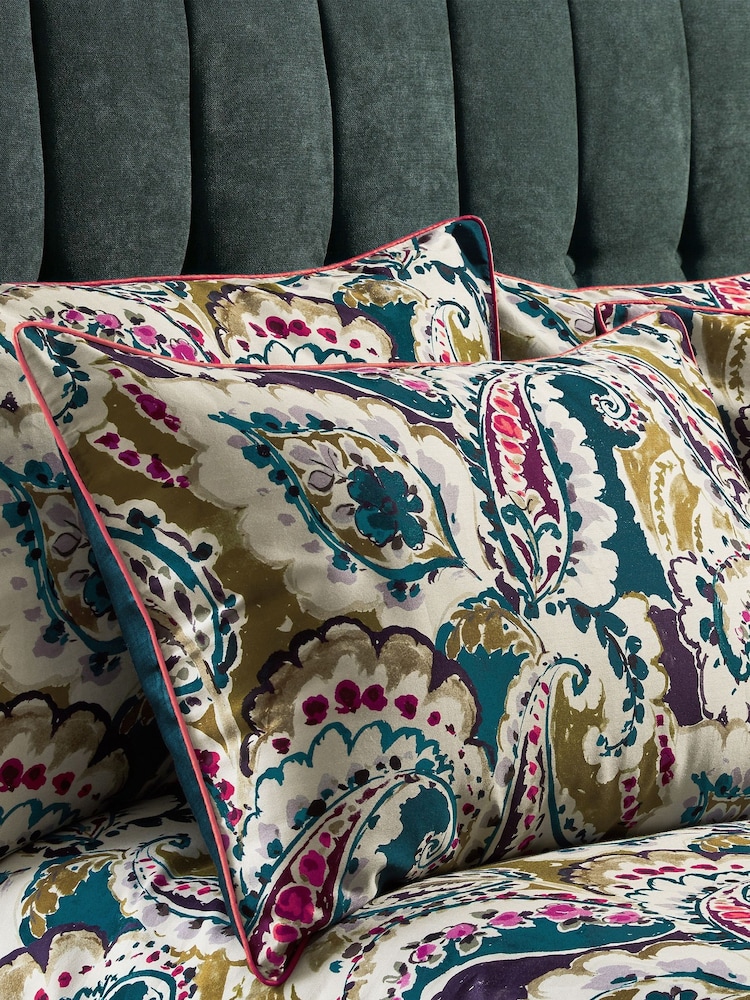 EW by Edinburgh Weavers Set of 2 Teal Blue/Olive Green Aretha Paisley 200 Thread Count 100% Cotton Sateen Pillowcases - Image 1 of 3