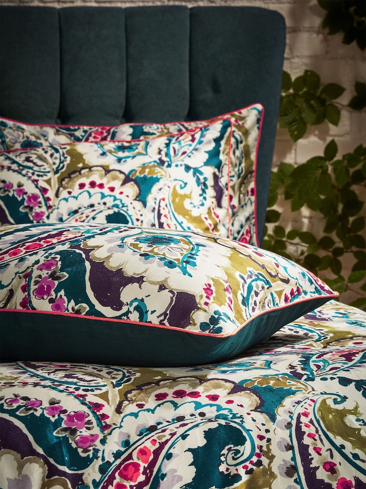 EW by Edinburgh Weavers Set of 2 Teal Blue/Olive Green Aretha Paisley 200 Thread Count 100% Cotton Sateen Pillowcases - Image 2 of 3