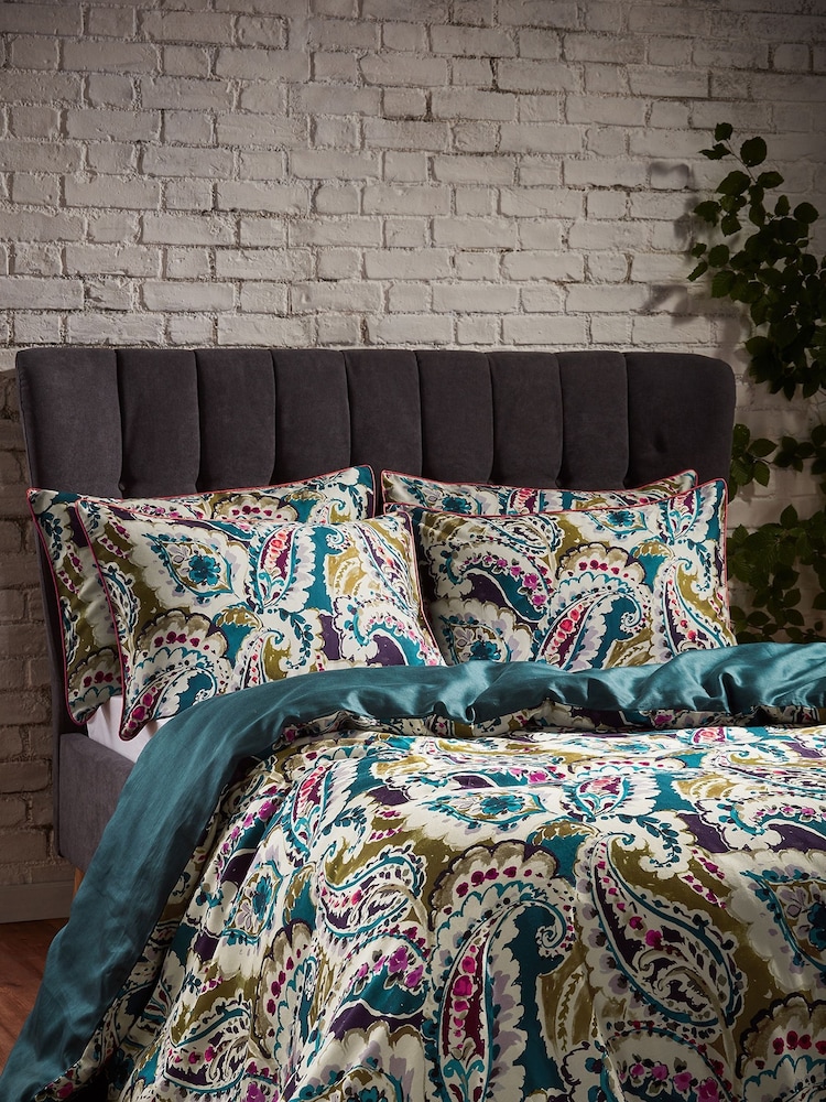 EW by Edinburgh Weavers Set of 2 Teal Blue/Olive Green Aretha Paisley 200 Thread Count 100% Cotton Sateen Pillowcases - Image 3 of 3