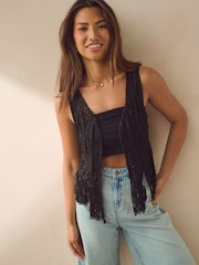 Black Sparkle Crochet Fringed Waistcoat - Image 1 of 5