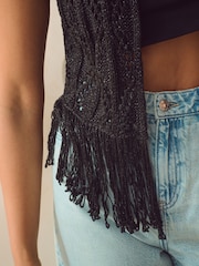 Black Sparkle Crochet Fringed Waistcoat - Image 3 of 5