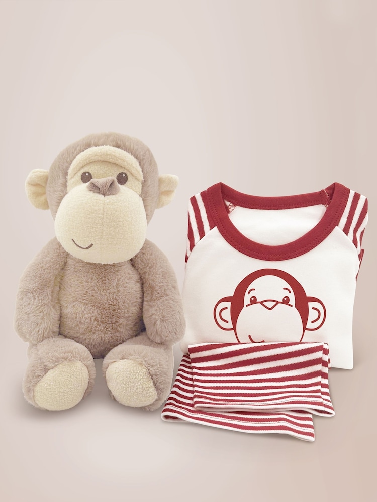 Babyblooms Monkey Soft Toy with Personalised Red Stripe Pyjamas - Image 1 of 3