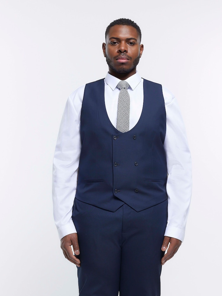 River Island Blue Big & Tall Twill Skinny Fit Waistcoat - Image 1 of 6
