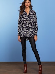 Navy Blue Print Textured Long Sleeve Shirt with Pocket - Image 2 of 5