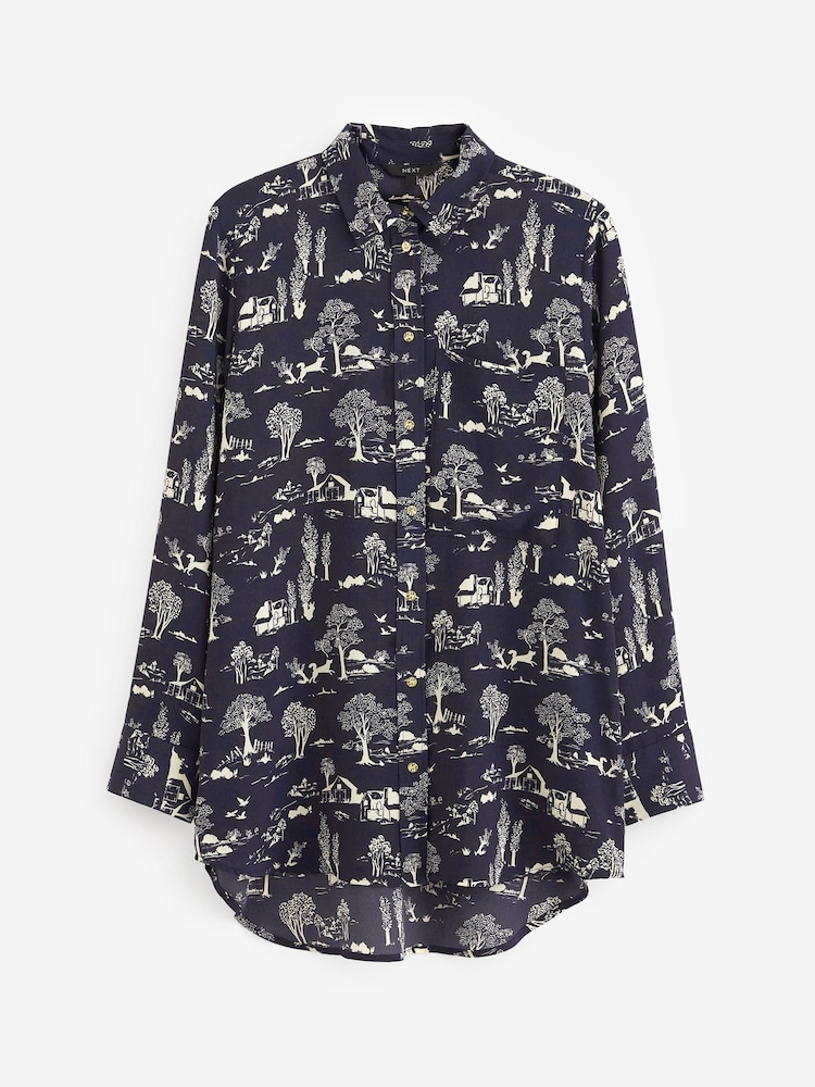 Navy Blue Print Textured Long Sleeve Shirt with Pocket - Image 5 of 5