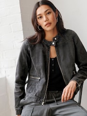 Washed Black Cotton Biker Jacket - Image 1 of 7