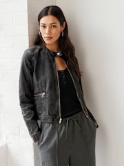 Washed Black Cotton Biker Jacket - Image 2 of 7