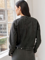 Washed Black Cotton Biker Jacket - Image 4 of 7