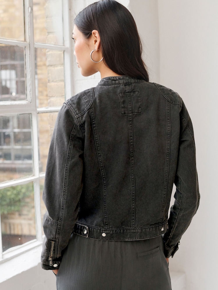 Washed Black Cotton Biker Jacket - Image 4 of 7