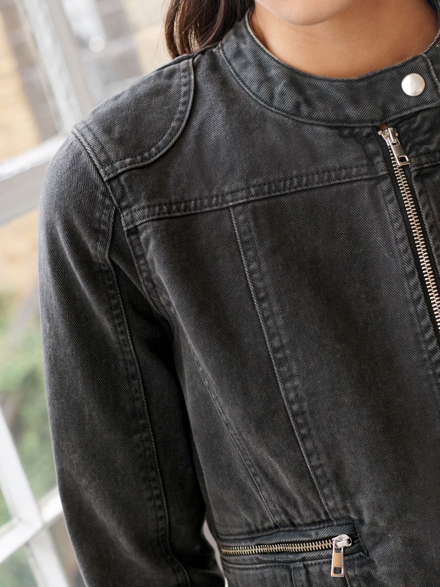 Buy Washed Black Cotton Biker Jacket from Next Luxembourg