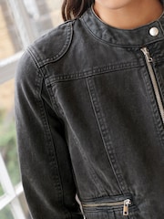 Washed Black Cotton Biker Jacket - Image 5 of 7