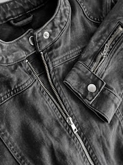 Washed Black Cotton Biker Jacket - Image 7 of 7