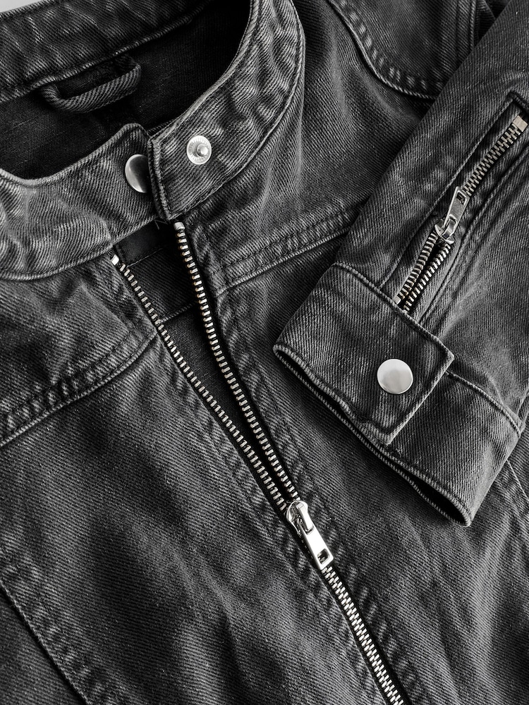 Washed Black Cotton Biker Jacket - Image 7 of 7
