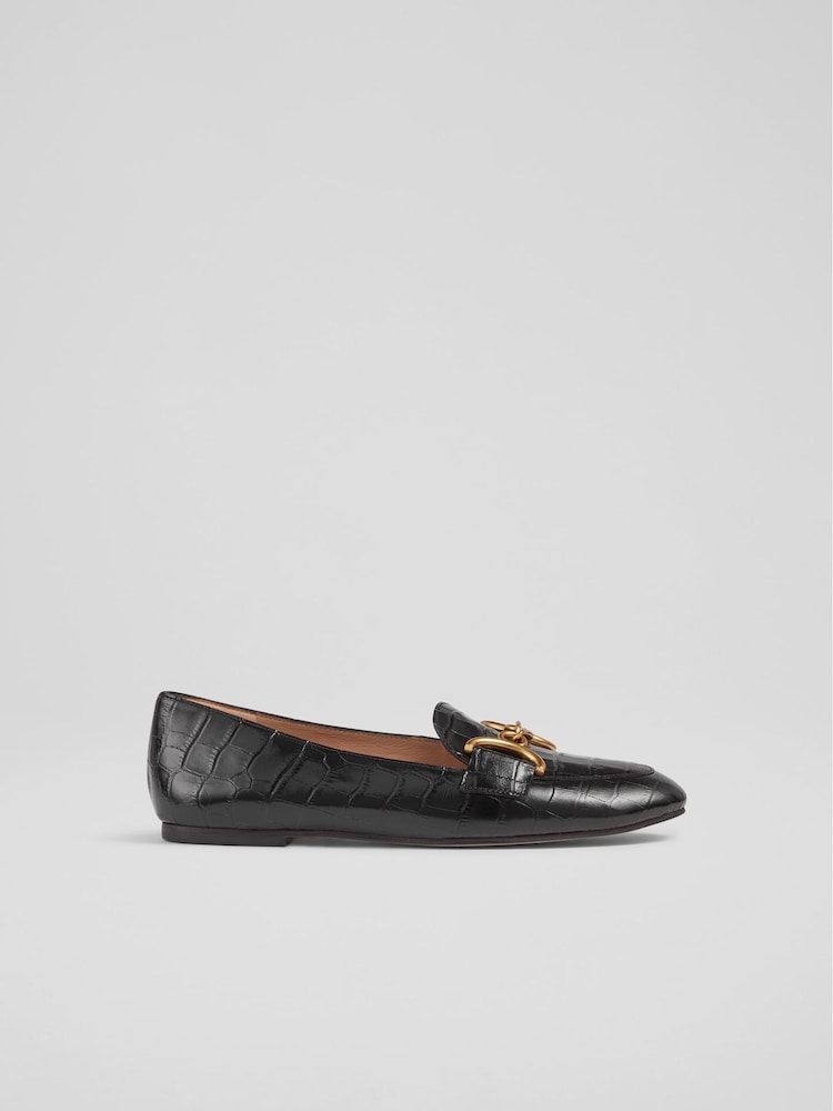 LK Bennett Black Croc Effect Leather Daphne Loafers - Image 1 of 4