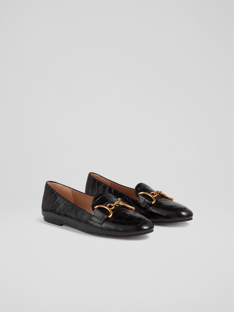 LK Bennett Black Croc Effect Leather Daphne Loafers - Image 2 of 4