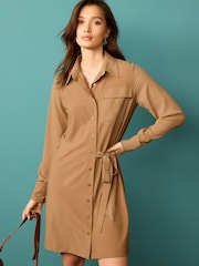 Hellbraun - Durchgeknöpftes Mini-Hemdkleid, langärmelig - Bild 1 von 5