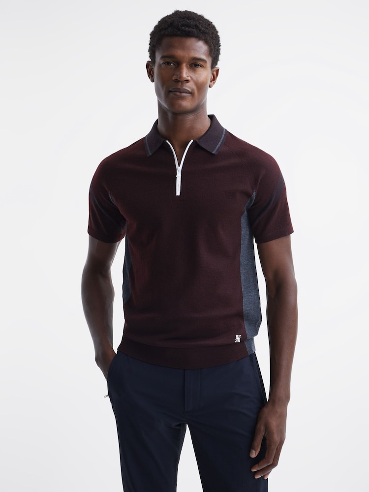 Reiss Bordeaux Contour Merino Wool-Blend Half Zip Jumper - Image 1 of 6