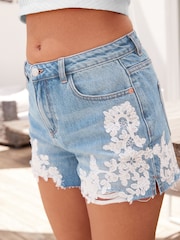 Mid Blue Lace Detail Denim Shorts - Image 3 of 4