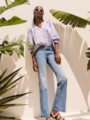 Mid Blue Denim Cotton Rich, Low Rise and Relaxed Fit Bootcut Jeans - Image 1 of 4