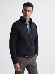 Reiss Navy Sinclair Quilted Hybrid Funnel Neck Jacket - Image 1 of 6