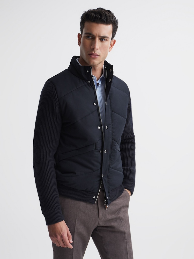 Reiss Navy Sinclair Quilted Hybrid Funnel Neck Jacket - Image 1 of 6