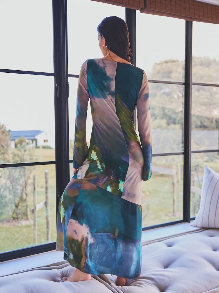 Blue Digital Abstract Print Long Sleeve Column Maxi Dress - Image 2 of 6