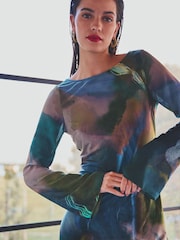Blue Digital Abstract Print Long Sleeve Column Maxi Dress - Image 3 of 6