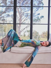 Blue Digital Abstract Print Long Sleeve Column Maxi Dress - Image 4 of 6