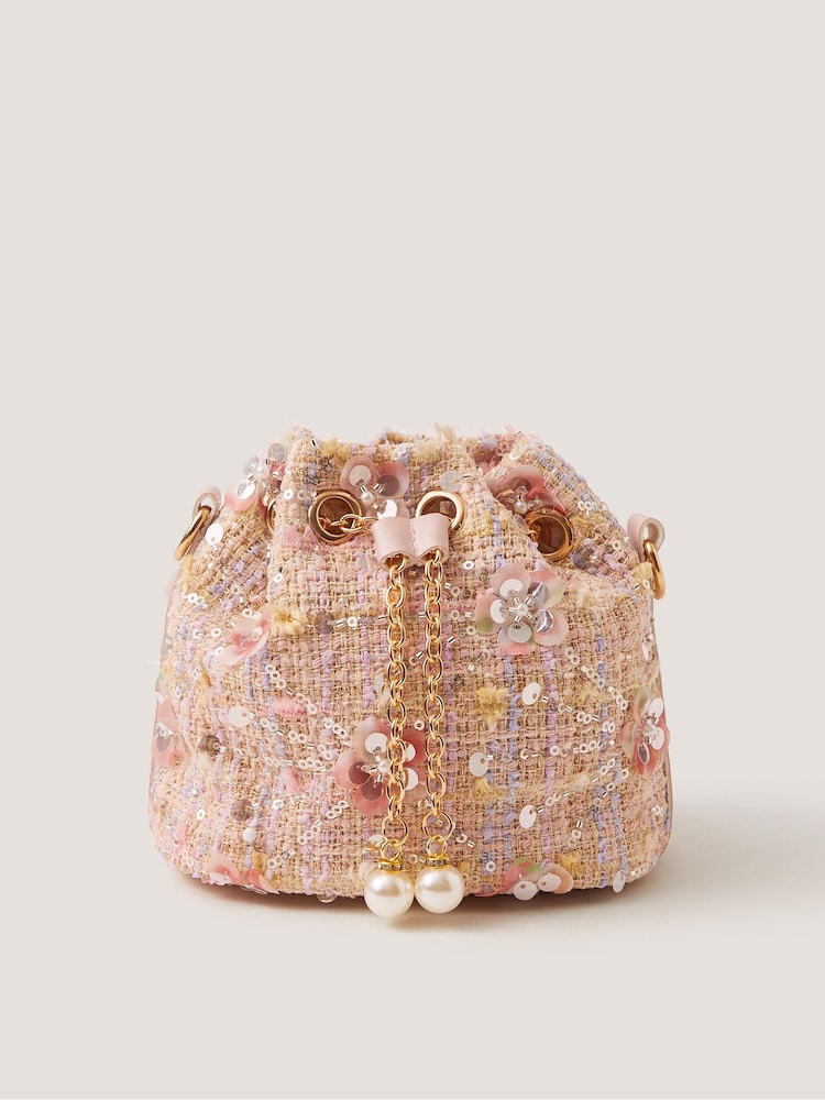 Monsoon Pink Sequin Tweed Bucket Bag - Image 1 of 2